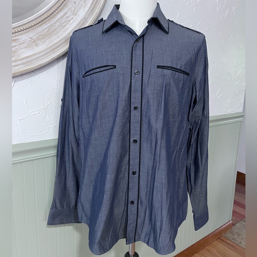 Express‎ Men's Western Style Long Sleeve Shirt Blue/Black Cotton Size L 16-16.5